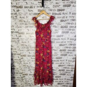 Old Navy Maxi Dress Size Medium Pink Floral Ruffle Hem‎ Sleeveless Vibrant Boho